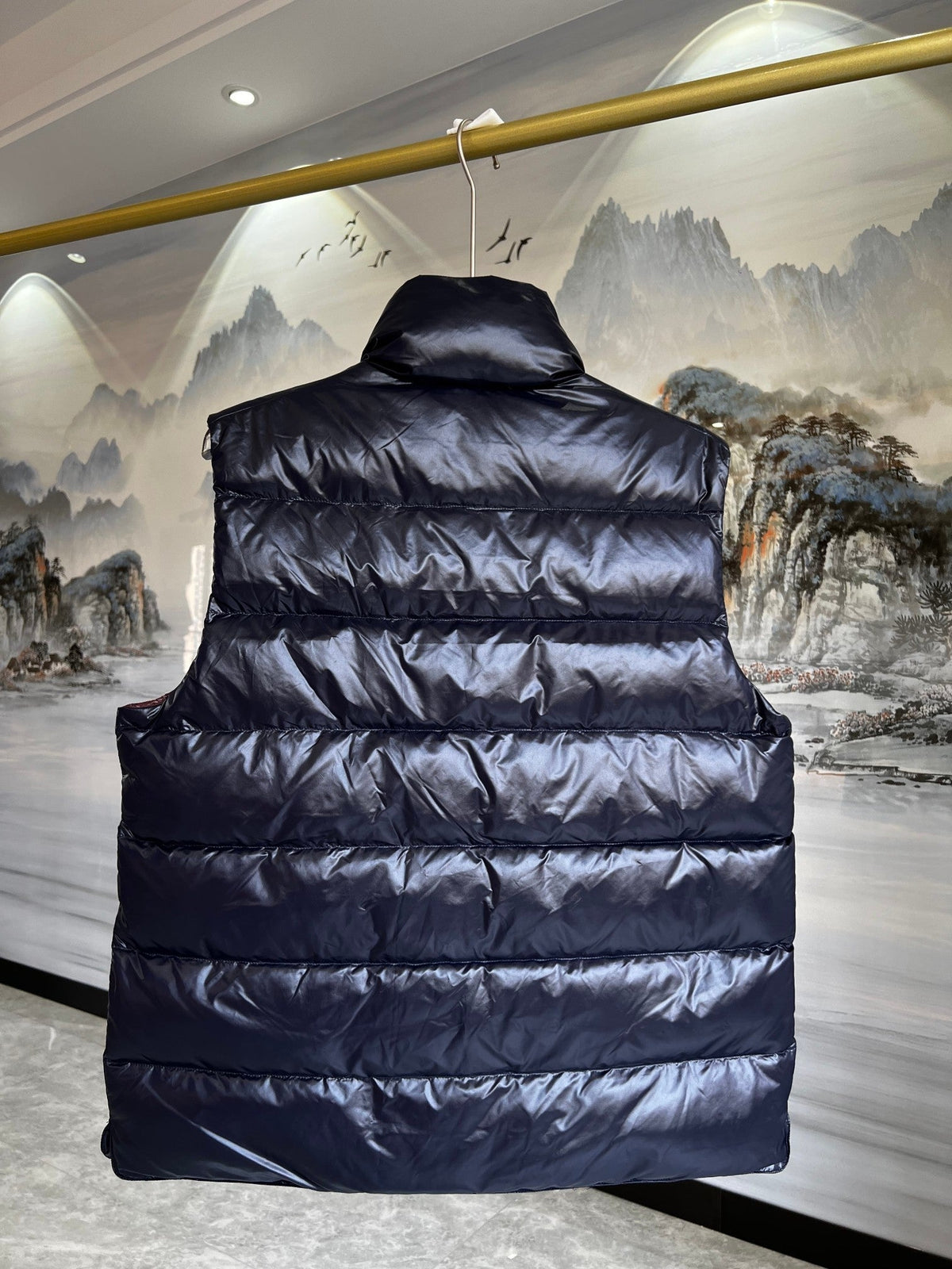 Moncler Dark Navy Glossy Puffer Vest with Stand Collar