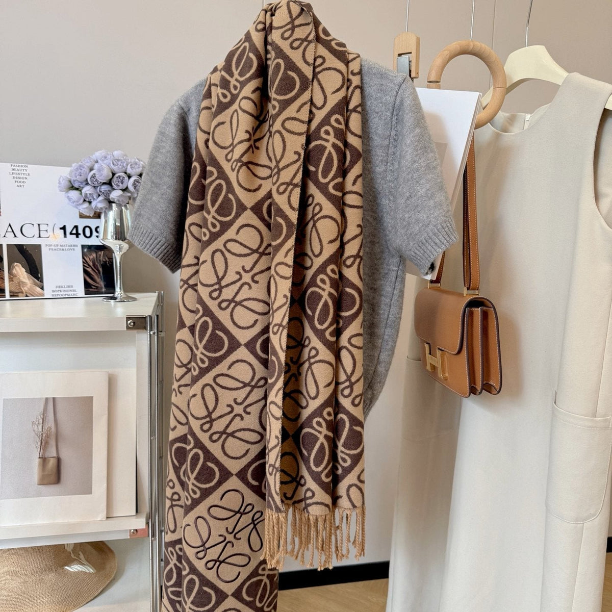 Loop-Motif Fringed Scarf